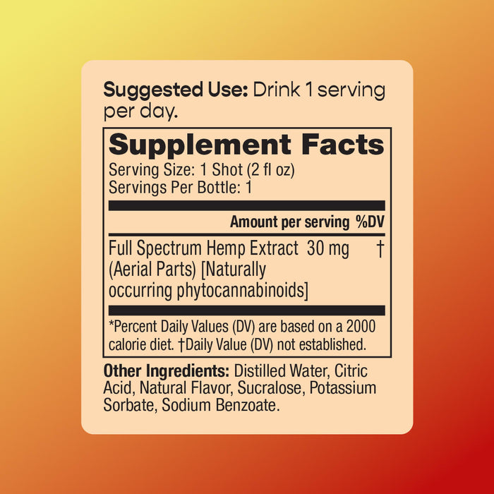 Supplement Facts label for cbdMD Golden Hour 30mg Shot showing ingredients and dosage.