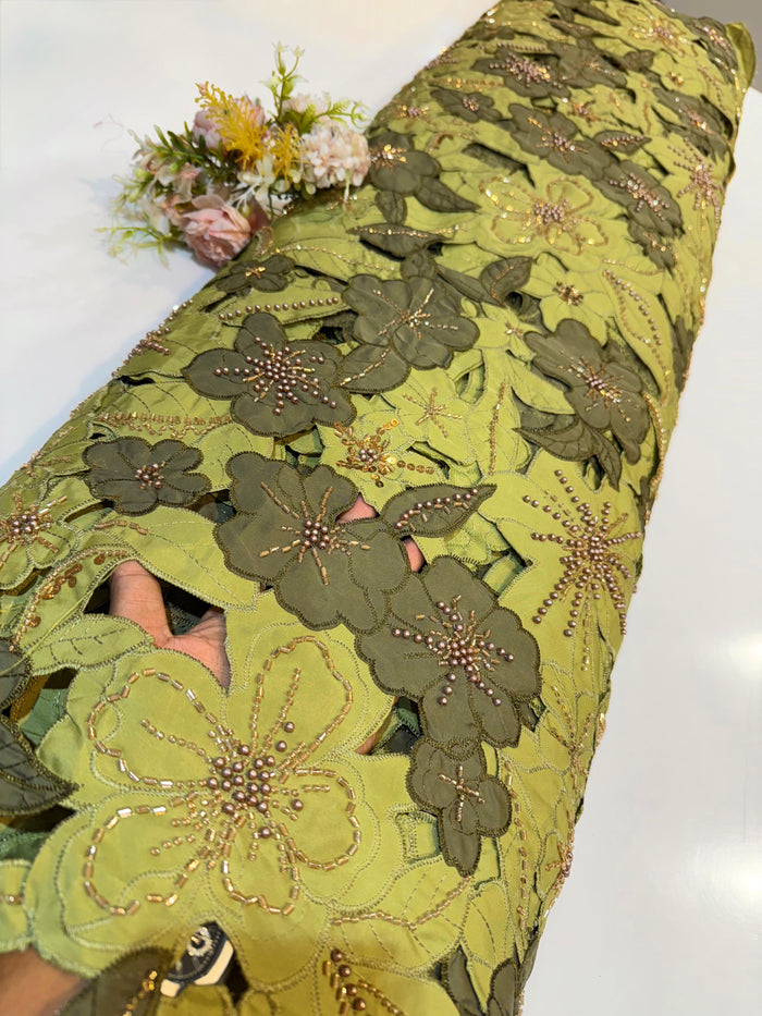 Green Imported Crape Cutwork With Handwork Embroidery 50 inch width