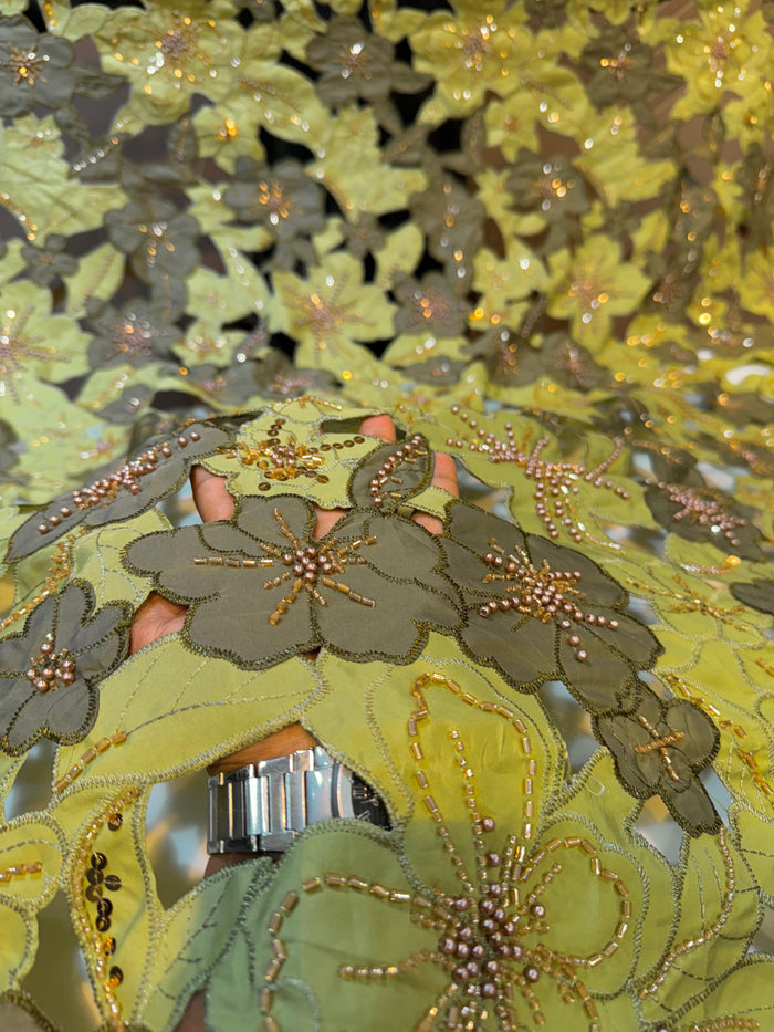 Green Imported Crape Cutwork With Handwork Embroidery 50 inch width