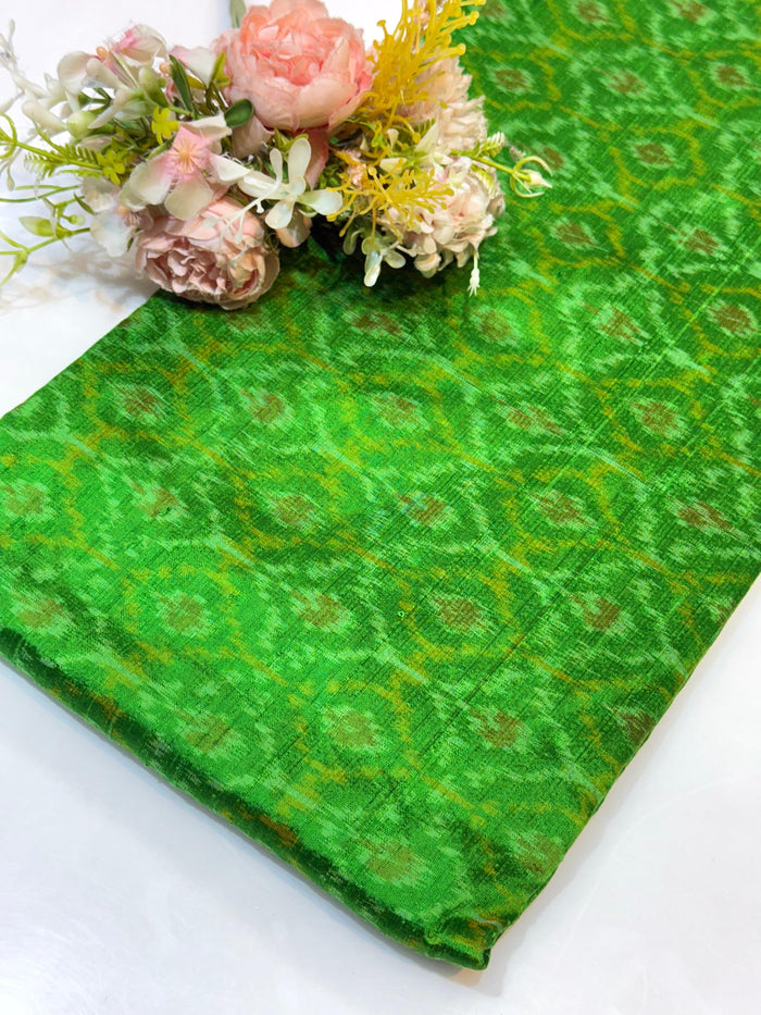 Green Pure Raw Silk Ikkat Original Handloom Made 42 inch width