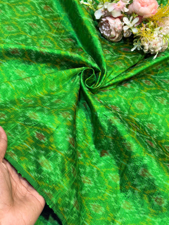 Green Pure Raw Silk Ikkat Original Handloom Made 42 inch width