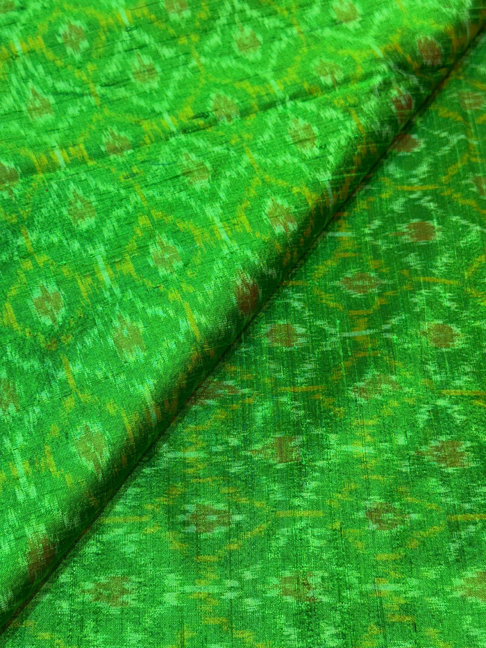 Green Pure Raw Silk Ikkat Original Handloom Made 42 inch width