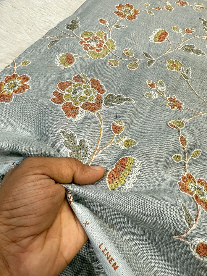 Grey Linen Floral Embroidery 44 inch width