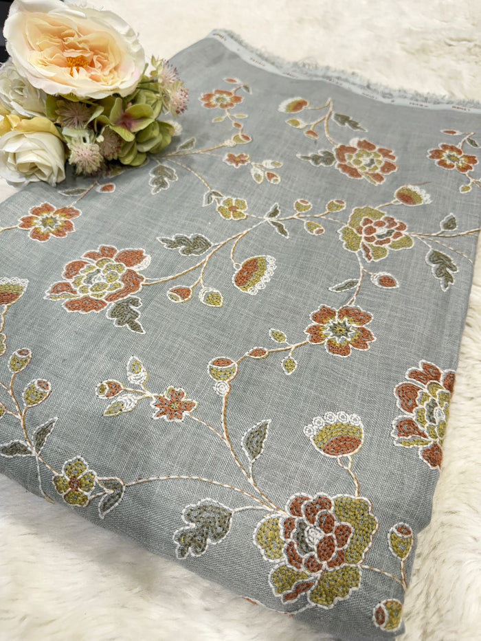 Grey Linen Floral Embroidery 44 inch width