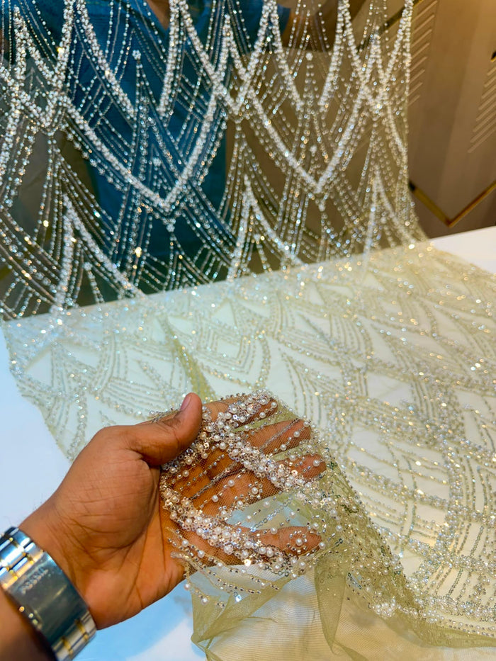 Hamza Olive Green Handwork Net Embroidery 54 Inch width
