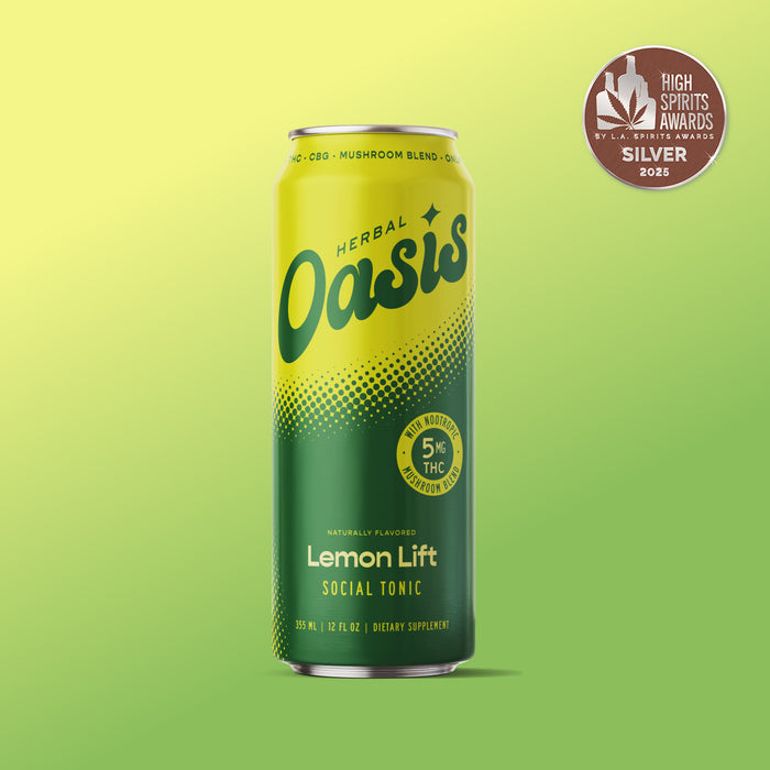 Lemon Lift social tonic can with water droplets and silver award badge, 5mg THC, 355ml; Flavor: Lemon Lift;