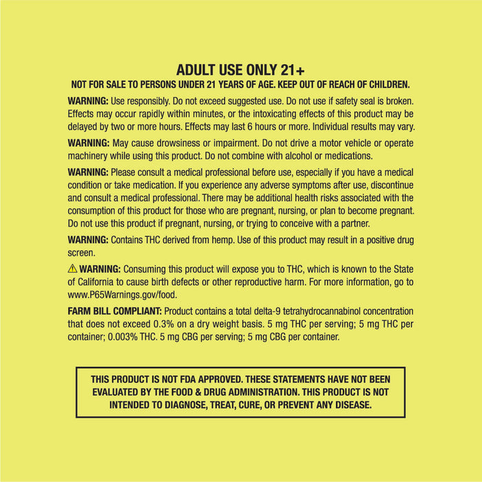 Warning label for adult use only product with text on a yellow background; Flavor: Lemon Lift;