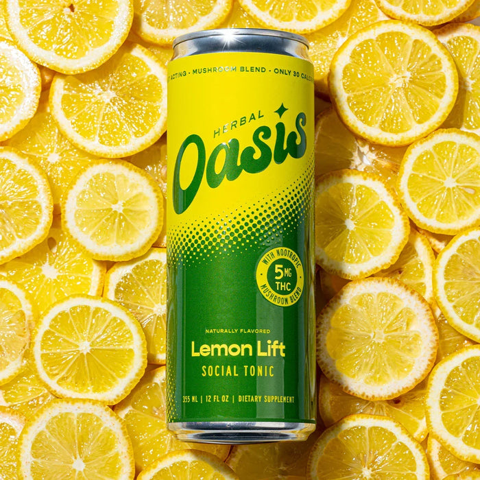 Herbal Oasis Lemon Lift social tonic can on sliced lemons, 5mg THC, mushroom blend; Flavor: Lemon Lift;