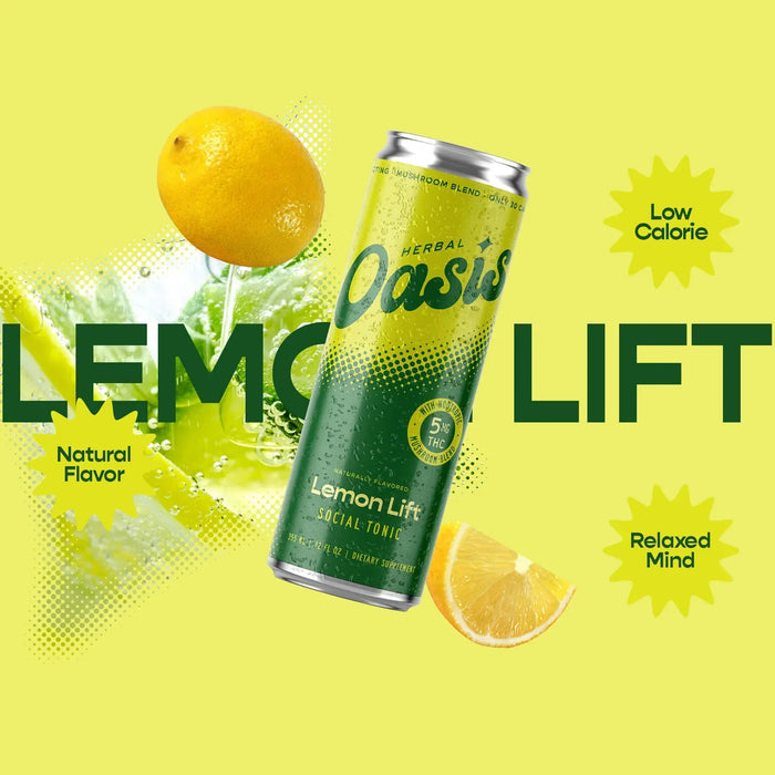 Herbal Oasis Lemon Lift social tonic can with lemon, splash background, and product benefits.; Flavor: Lemon Lift;