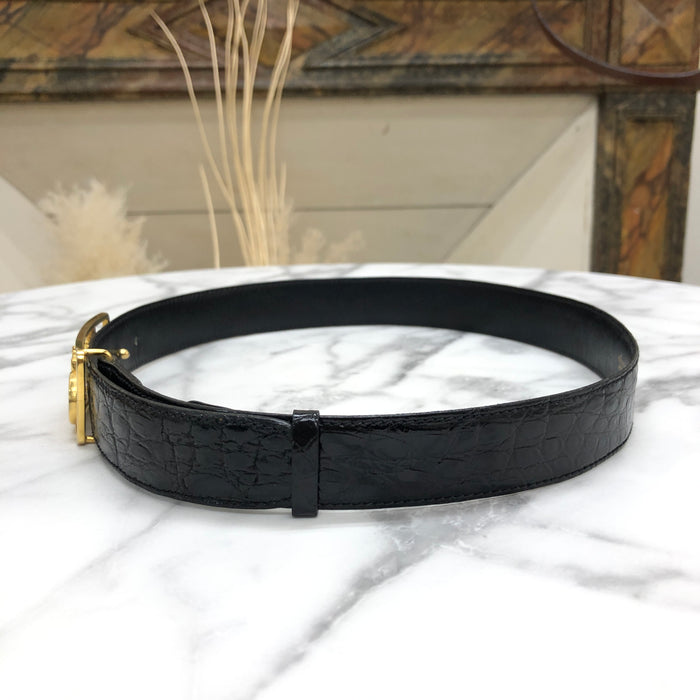 CELINE Horse Carriage Crocodile Embossed Leather Belt Black Vintage awn7kw
