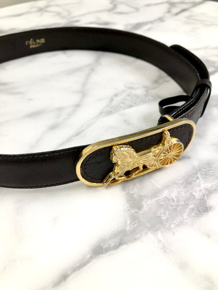 CELINE Horse Carriage Leather Belt Black Vintage xrix5m