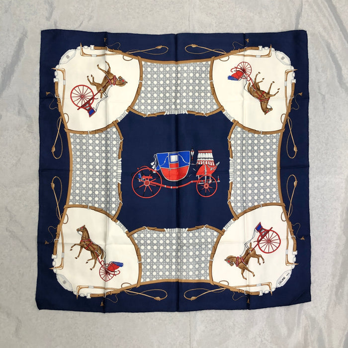 CELINE Horse Carriage Scarf Blue×White Vintage by5iar