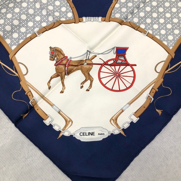 CELINE Horse Carriage Scarf Blue×White Vintage by5iar