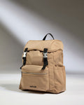 a tan backpack with black straps