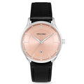 A silver-toned Kairos watch with a rose gold dial and a black leather strap.