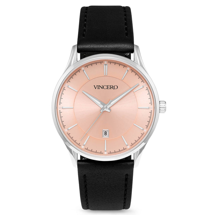 A silver-toned Kairos watch with a rose gold dial and a black leather strap.