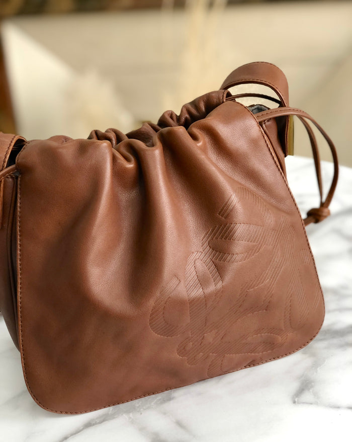 LOEWE Anagram Nappa leather Flap Drawstring Shoulder bag Brown Vintage Old x54hb4
