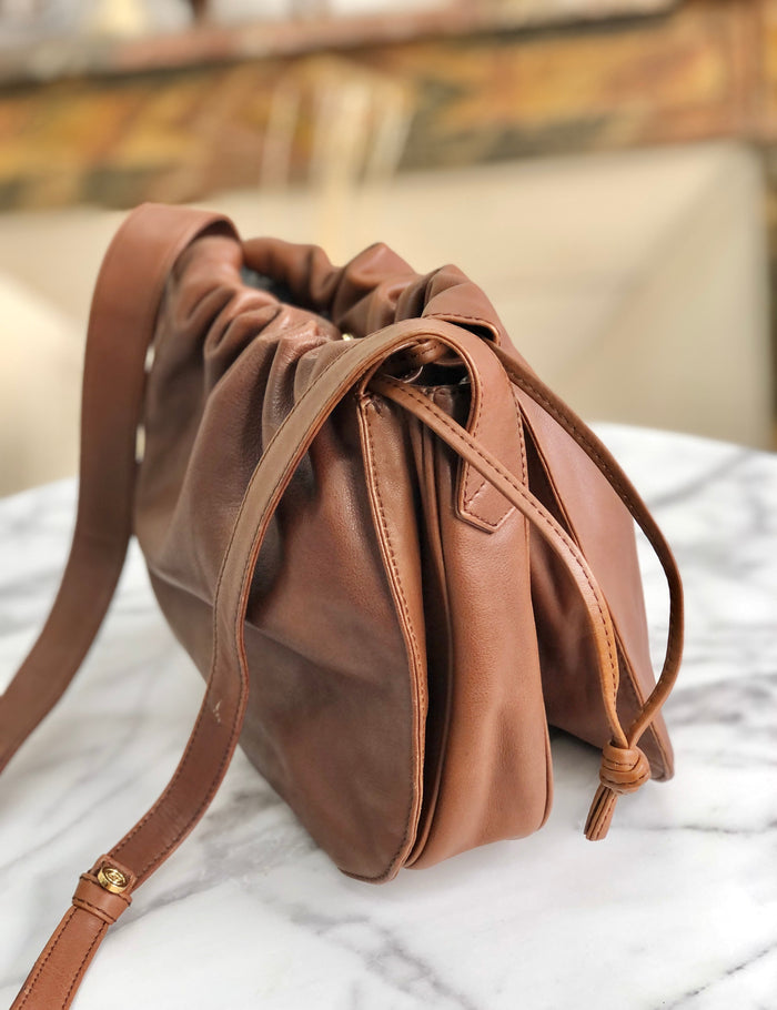 LOEWE Anagram Nappa leather Flap Drawstring Shoulder bag Brown Vintage Old x54hb4