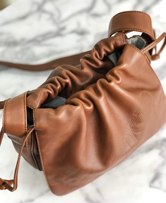LOEWE Anagram Nappa leather Flap Drawstring Shoulder bag Brown Vintage Old x54hb4