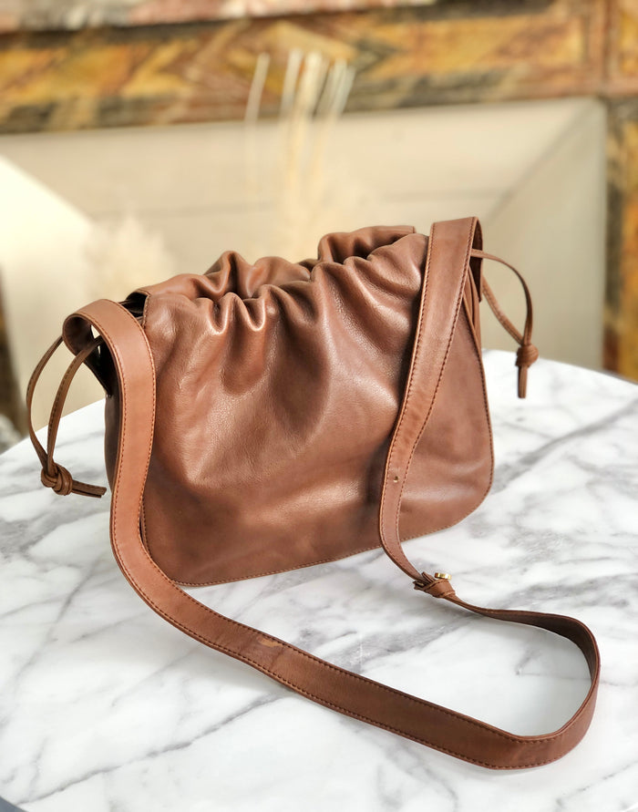 LOEWE Anagram Nappa leather Flap Drawstring Shoulder bag Brown Vintage Old x54hb4