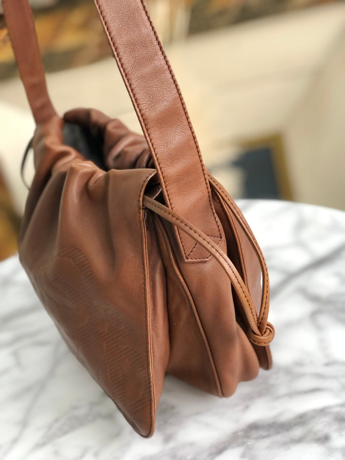 LOEWE Anagram Nappa leather Flap Drawstring Shoulder bag Brown Vintage Old x54hb4
