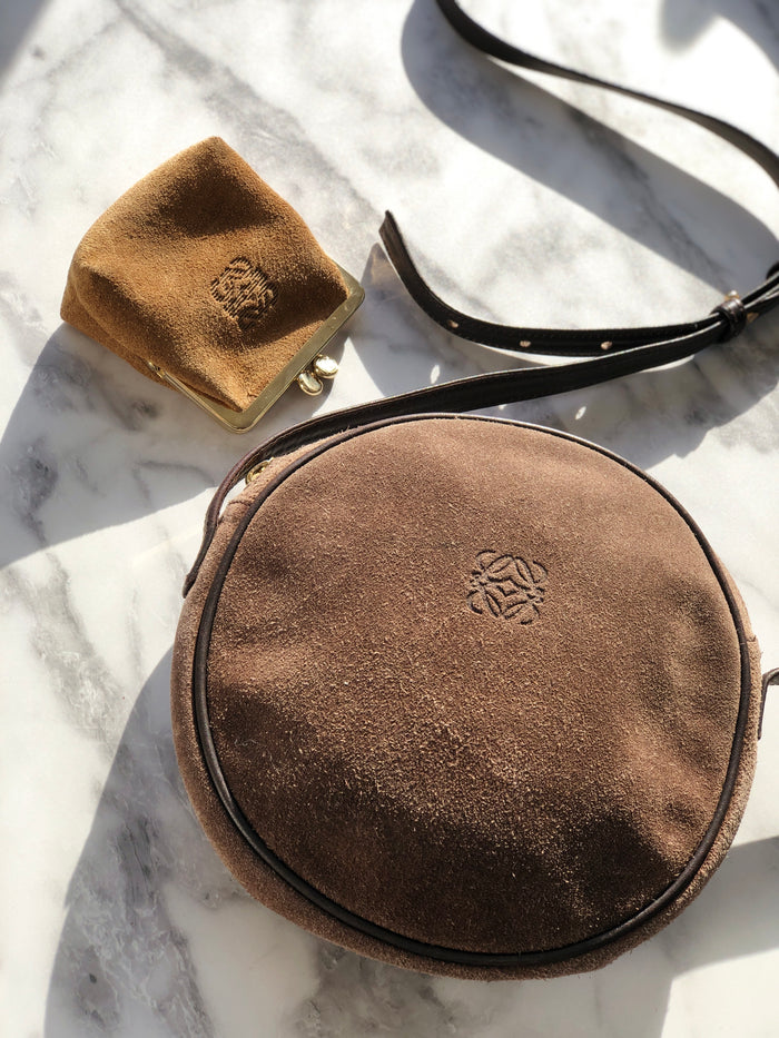 LOEWE Anagram Suede Round Shoulder bag Brown Vintage Old ugssgs