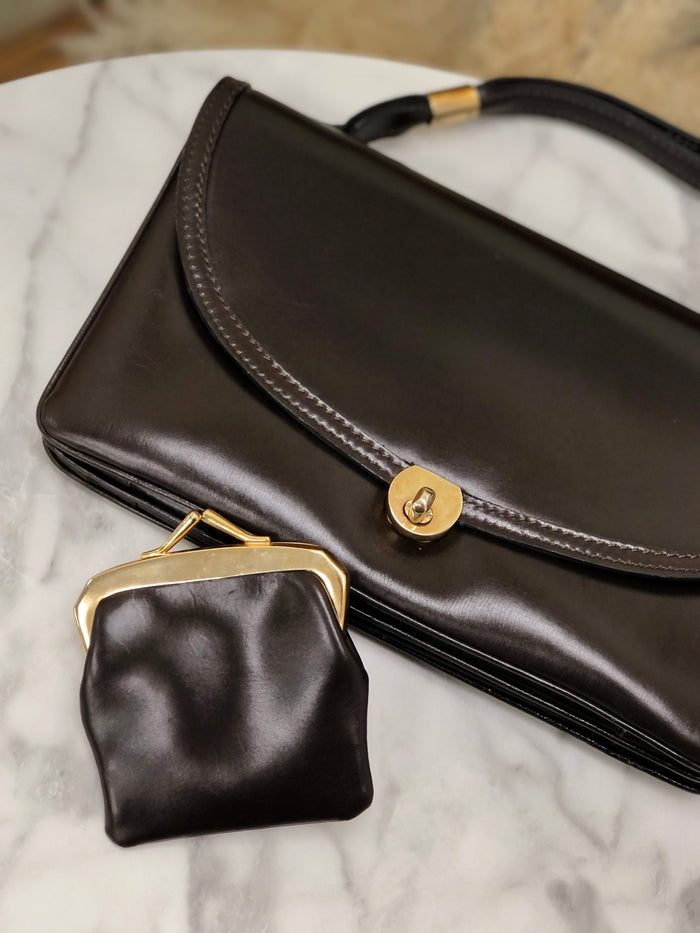 LOEWE Leather Metal Clasp Coin Purse Brown Vintage 4s3vw2