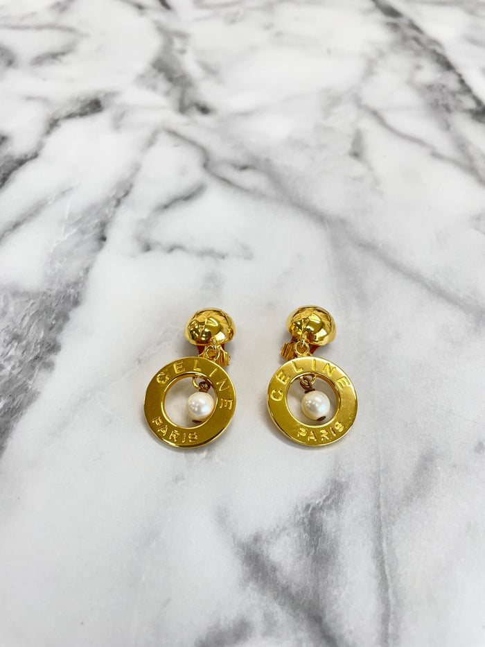 CELINE Logo Circle Earrings Gold vintage old ppx74p
