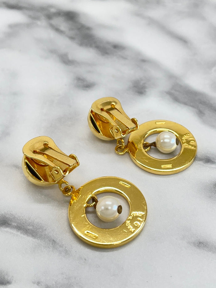 CELINE Logo Circle Earrings Gold vintage old ppx74p