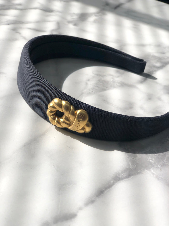CELINE Logo Motif Fabric headband Navy Vintage 5745z4