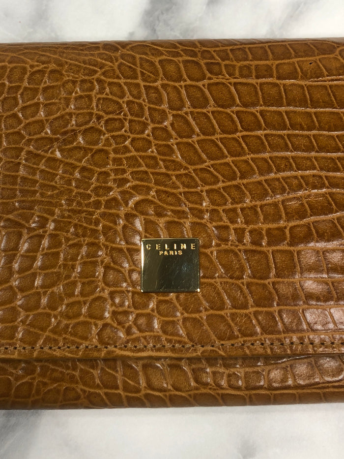 CELINE Logo Motif Leather Long Wallet Brown Vintage 45j62z