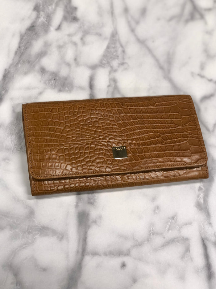 CELINE Logo Motif Leather Long Wallet Brown Vintage 45j62z
