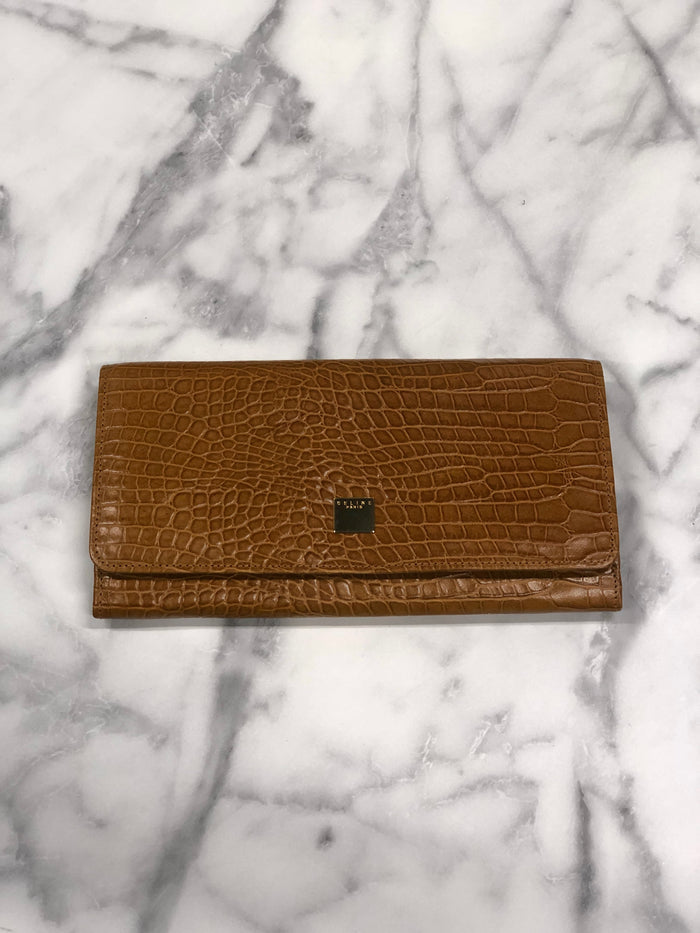 CELINE Logo Motif Leather Long Wallet Brown Vintage 45j62z