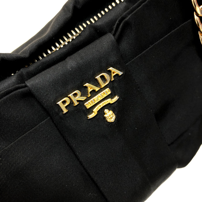 PRADA Logo Ribbon Chain Nylon Handbag Black vintage old x4bpts