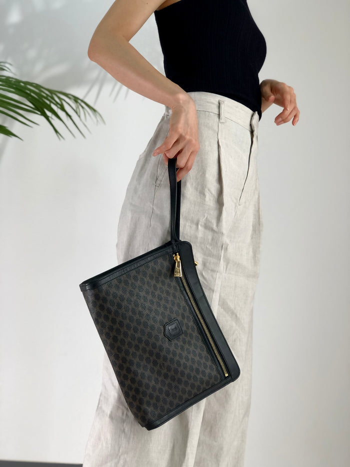 CELINE Macadam Blason Embossed  Clutch bag Leather Black Old Celine Vintage tyhzg7