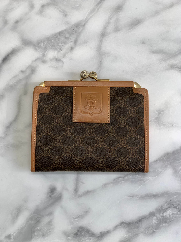 CELINE Macadam Blason Leather Clasp Coin Case Brown Vintage Old Celine h2abav