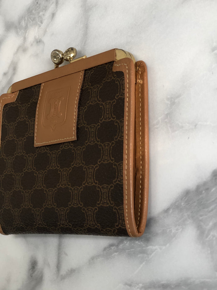 CELINE Macadam Blason Leather Clasp Coin Case Brown Vintage Old Celine h2abav