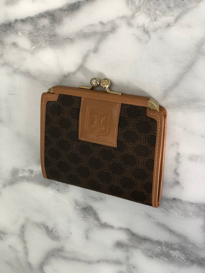 CELINE Macadam Blason Leather Clasp Coin Case Brown Vintage Old Celine h2abav