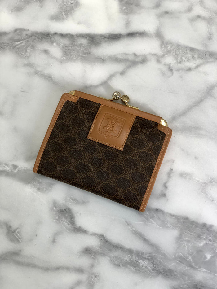 CELINE Macadam Blason Leather Clasp Coin Case Brown Vintage Old Celine h2abav