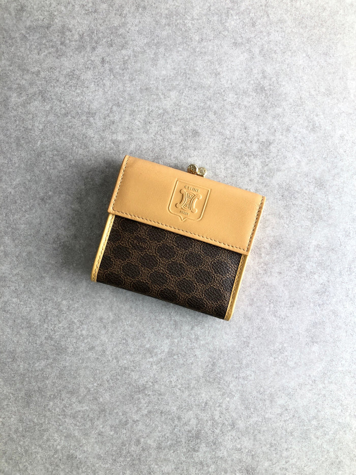 CELINE Macadam Blason Metal Clasp Folded Wallet Brown Vintage htr8be