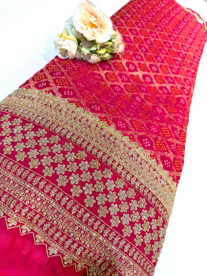 Magenta Georgette Bandhej Jacquard With Handwork Daaman Embroidery 45 inch width