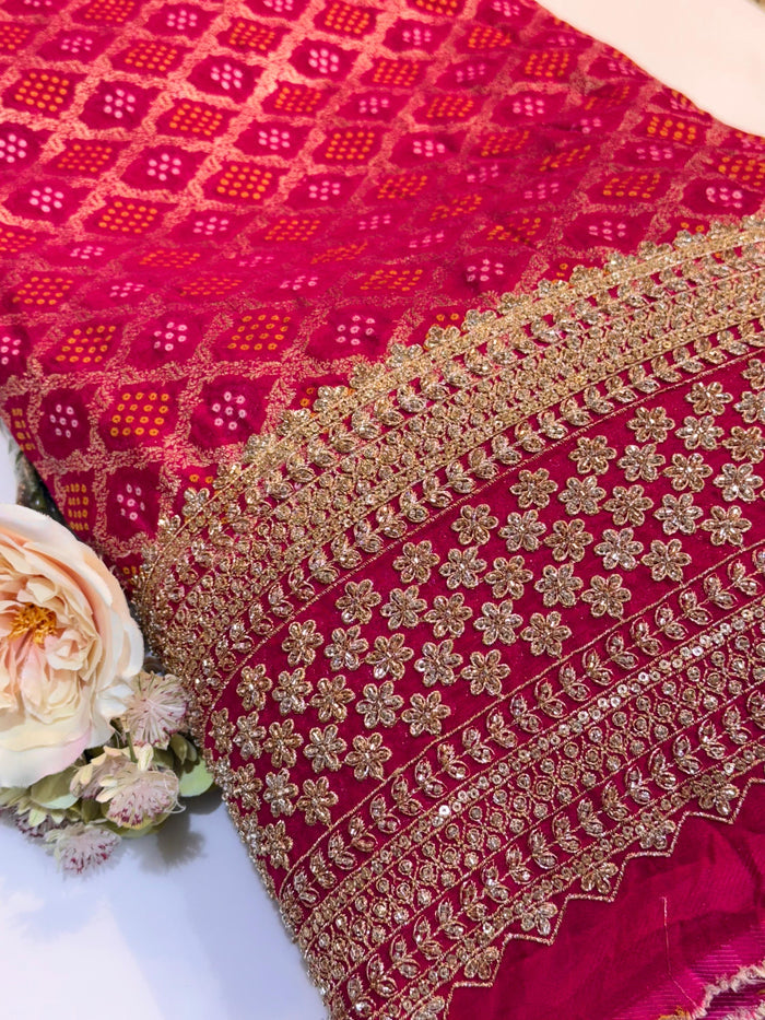 Magenta Georgette Bandhej Jacquard With Handwork Daaman Embroidery 45 inch width
