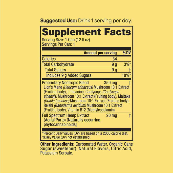 Oasis Mango Bliss supplement facts label with nutrition and ingredient details on yellow background.