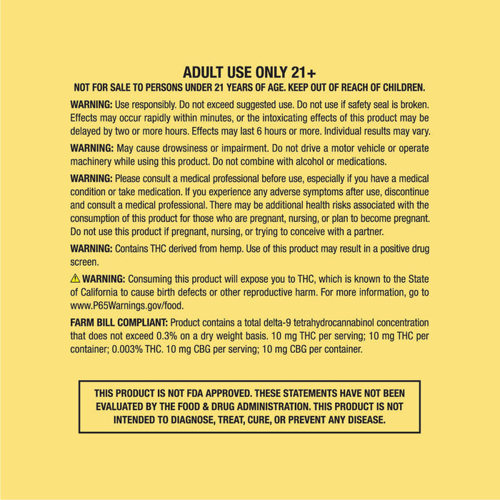 Warning label for Oasis Mango Bliss 10mg, with THC, CBG, health and legal disclaimers.