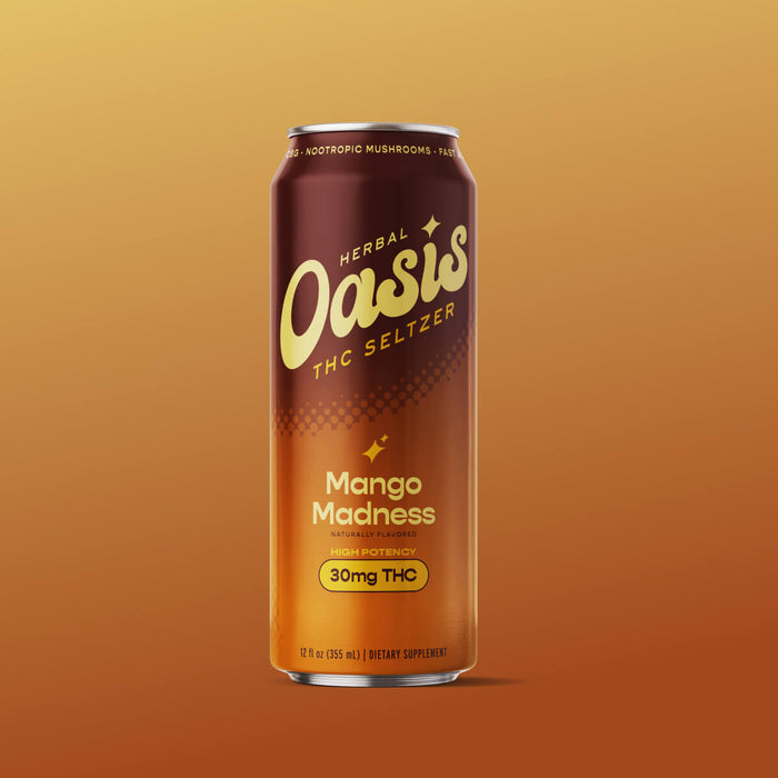 Mango Madness 30mg THC Seltzer can by cbdMD on a warm orange background