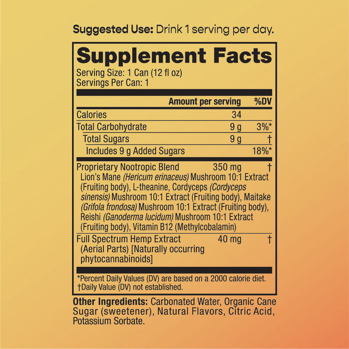 Supplement Facts label for cbdMD Mango Madness Seltzer showing ingredients and nutritional values.