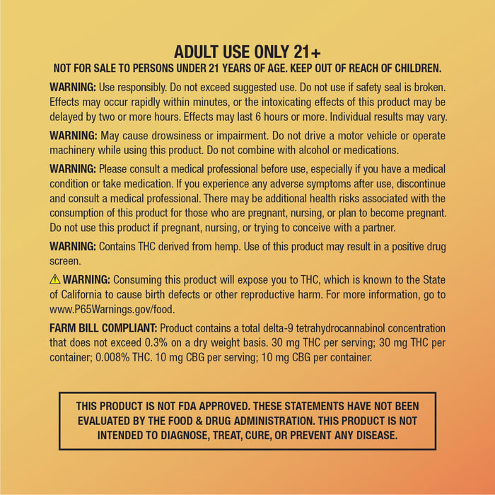 Warning and compliance labels for cbdMD Mango Madness 30mg Seltzer.