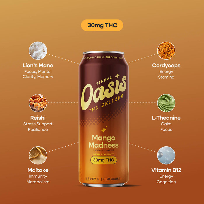 cbdMD Mango Madness 30mg THC Seltzer with Lion's Mane, Cordyceps, Reishi, and B12.