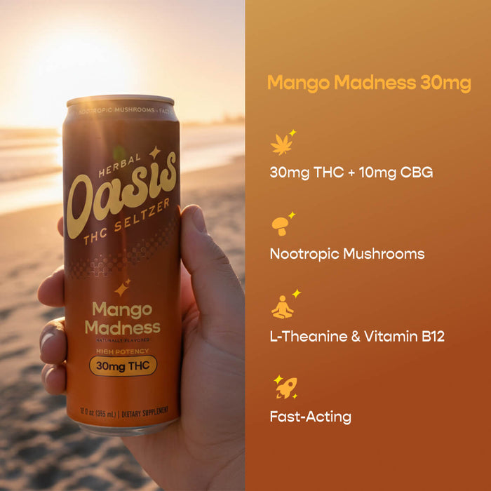 cbdMD Mango Madness THC Seltzer can on a beach with key ingredient highlights.