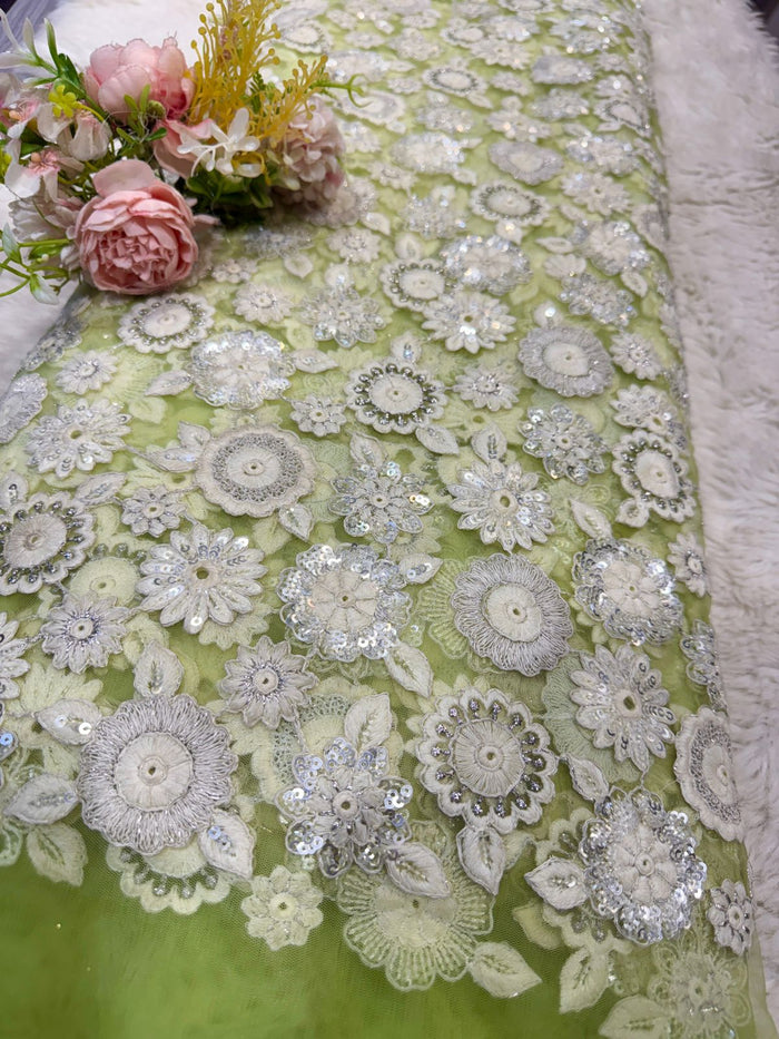 Mint Green Chikankari Net Embroidery 44 inch width